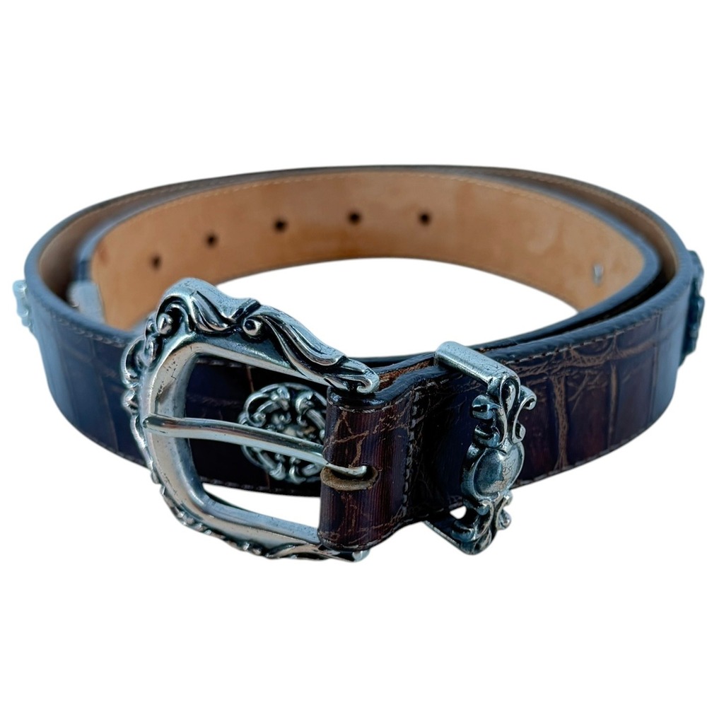 Vtg Brighton Western Concho Womens L Brown Crocodile Embossed Leather Belt USA